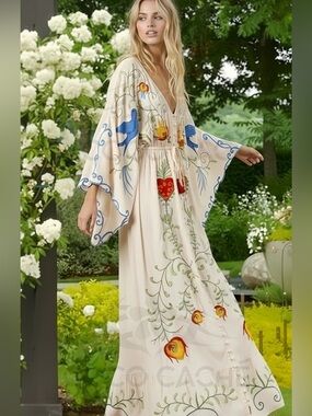 Bohemian Secret Garden Embroidered Kimono Duster Maxi Dress